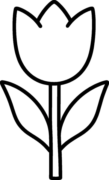 A simple tulip with a cup-shaped bloom on a straight stem with two big leaves, drawn with thick outlines.