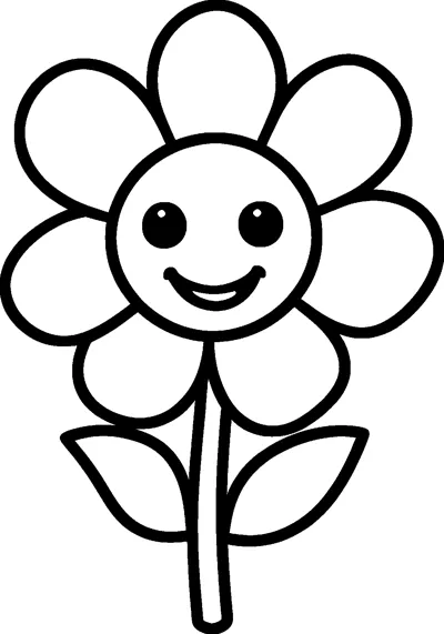 A smiling flower with round petals, a happy face in the centre and a stem with two leaves.