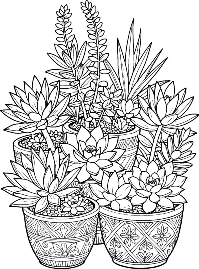 Rosette succulents and tall leafy stems grow from a group of patterned pots filled with pebbles.