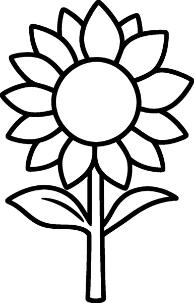 A simple sunflower with pointed petals around a big round centre, on a tall stem with two leaves.