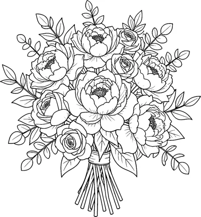 A hand-tied bouquet of open peonies and roses with sprigs of round leaves, the stems bound together at the bottom.