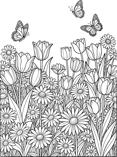 A crowded bed of tulips and daisies on tall stems with three butterflies flying above.