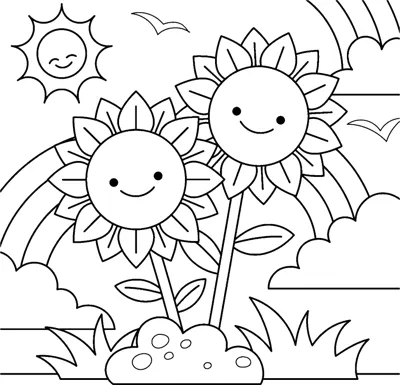 Two sunflowers with happy faces stand in grass beneath a sun, clouds and a rainbow.