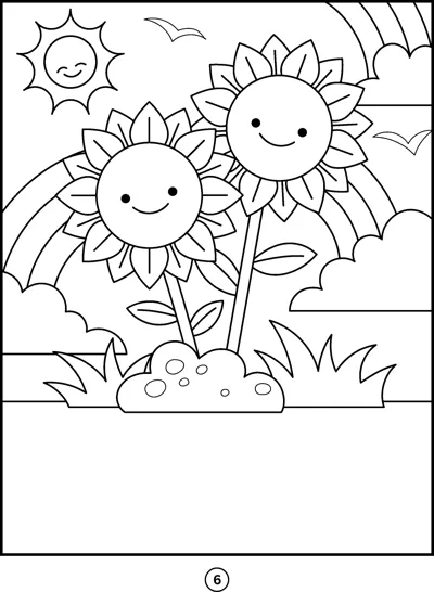 Two sunflowers with happy faces stand in grass beneath a sun, clouds and a rainbow.