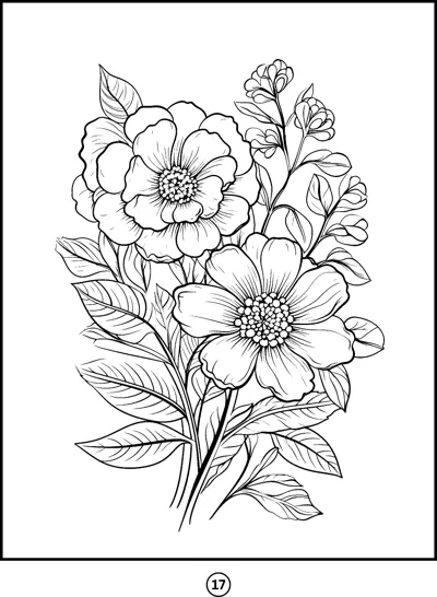 A bunch of large open flowers with layered petals and leafy stems fills a framed page.