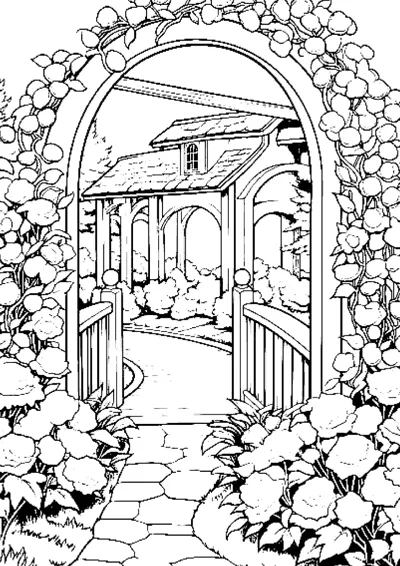 A stone path passes under a rose-covered arch toward a wooden gazebo surrounded by flowers.