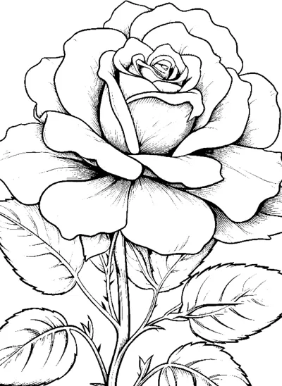A big rose in full bloom with curling petals sits above a stem with leaves.