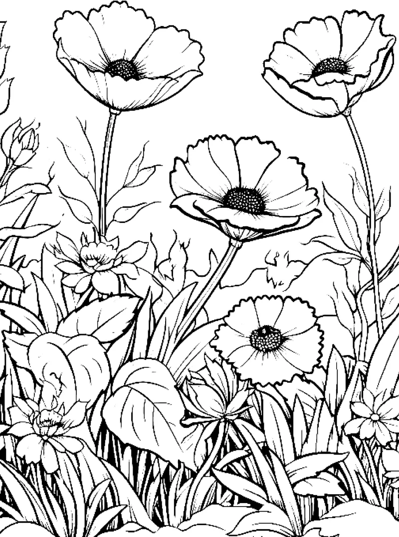 Several poppy flowers on thin stems rise from a meadow of grass and small plants.