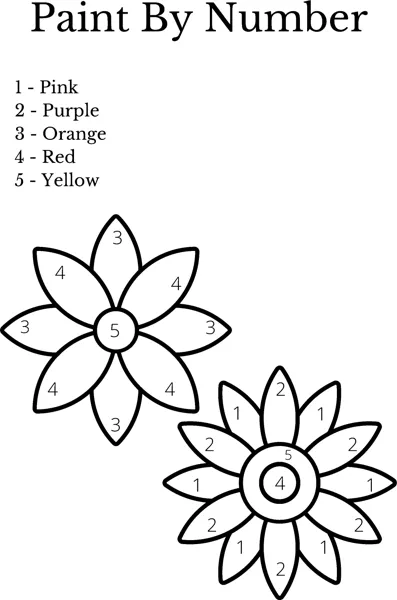 Two numbered flower outlines with a colour key listing pink, purple, orange, red and yellow.