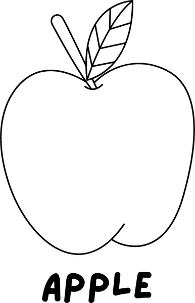 A plain apple with a stem and leaf above the word APPLE in bold capitals.