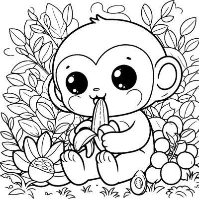 A big-eyed baby monkey sits in leafy plants and eats a peeled banana.