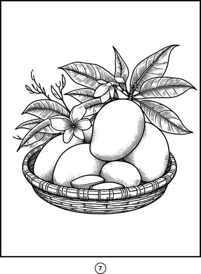 A woven basket holds several mangoes topped with leaves and small blossoms.