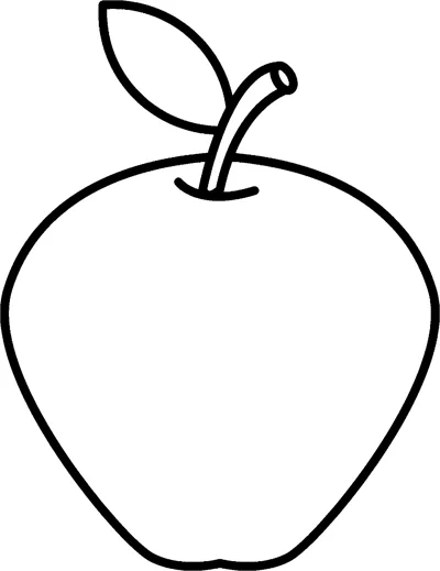 A large apple with a stem and leaf above the word APPLE in hollow outline letters.