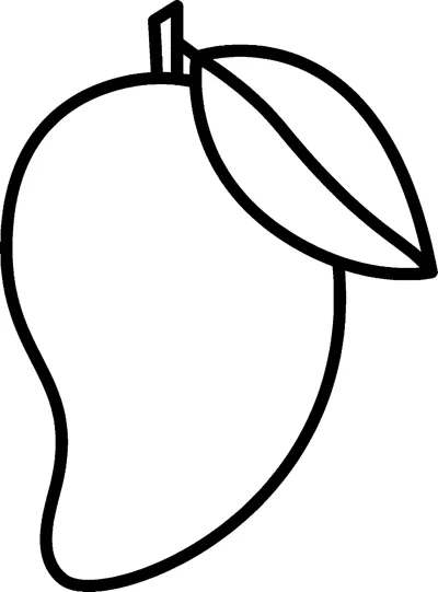A large mango with a stem and leaf above the word MANGO in hollow letters.