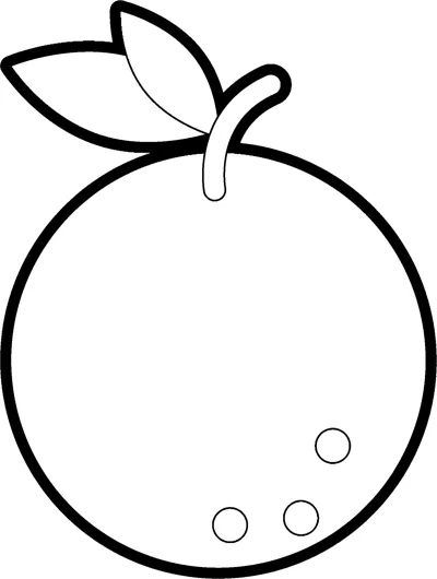 A large round orange with a leaf above the word ORANGE in hollow outline letters.