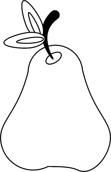 A large pear with a stem and leaf above the word PEAR in hollow outline letters.