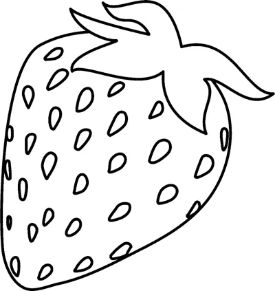 A large strawberry with seeds and a leafy top above the word STRAWBERRY in hollow letters.