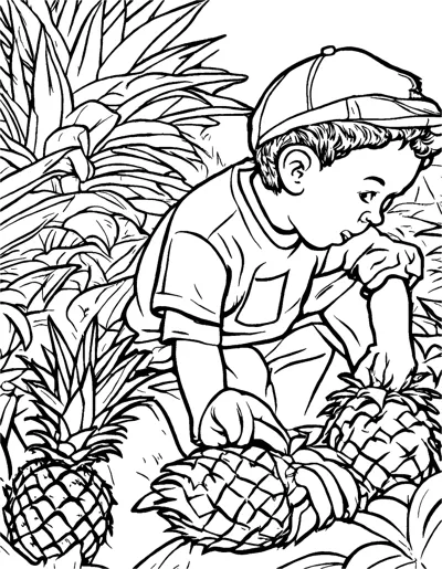 A boy wearing a cap bends over to pick pineapples growing among spiky leaves.