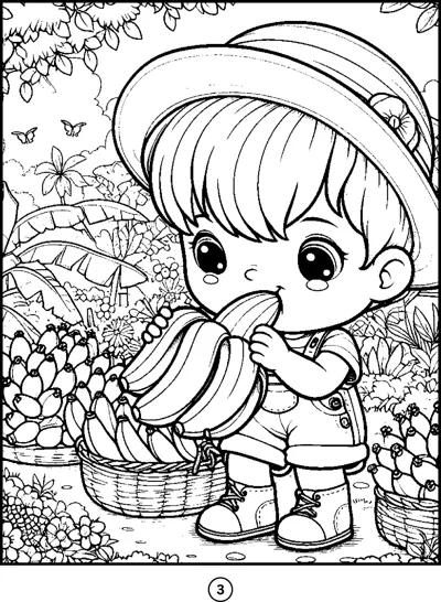 A boy in a wide hat eats a banana beside baskets of fruit in a leafy garden.