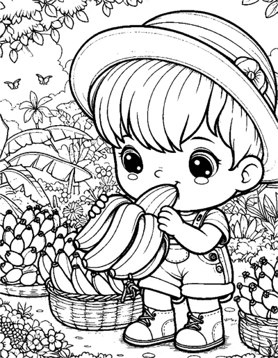 A boy in a wide hat eats a banana beside baskets of fruit in a leafy garden.