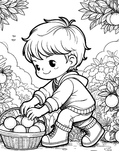 A kneeling boy in a hoodie gathers oranges into a basket under flowering trees.