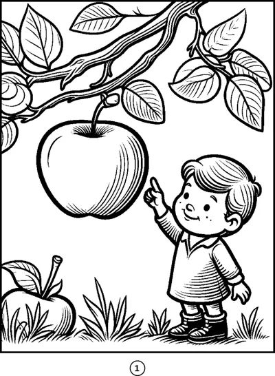 A small boy points up at a large apple hanging from a leafy branch above him.