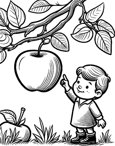 A small boy points up at a large apple hanging from a leafy branch above him.