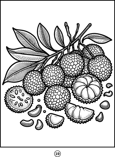 A leafy branch of bumpy lychees hangs above peeled fruit and halves on a plate.