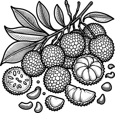 A leafy branch of bumpy lychees hangs above peeled fruit and halves on a plate.
