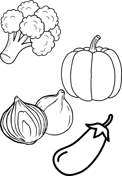 Broccoli, a pumpkin, an onion, a garlic bulb and an eggplant arranged on one page.