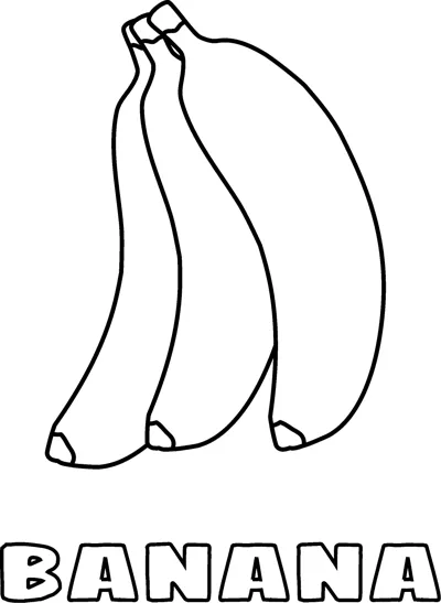 Three joined bananas above the word BANANA in hollow outline letters.