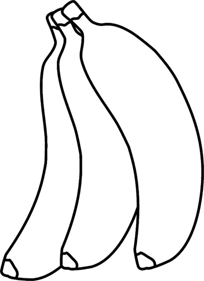Three joined bananas above the word BANANA in hollow outline letters.