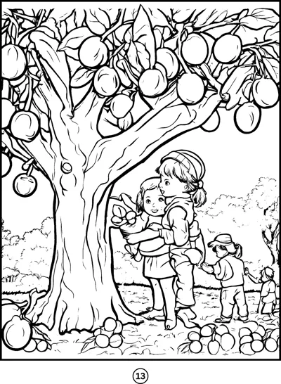Children gather fruit beneath a large tree heavy with round fruit and leaves.