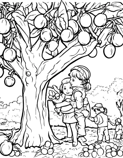 Children gather fruit beneath a large tree heavy with round fruit and leaves.