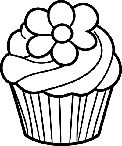 A cupcake with swirled frosting topped by a large five-petal flower made of icing, in a ridged case.