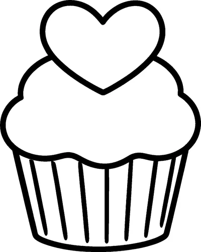 A simple cupcake with fluffy frosting and a large heart shape standing on top, in a ridged paper case.