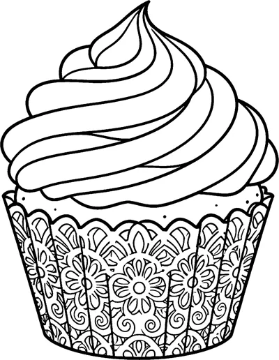 A cupcake with a tall frosting swirl sits in a scalloped lace wrapper decorated with detailed flower patterns.