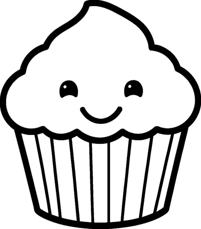 A cute cupcake with a fluffy frosting top that has two happy eyes and a big smile, sitting in a ridged case.