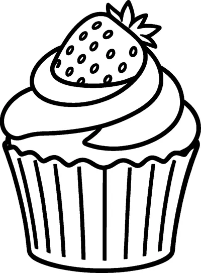 A cupcake topped with a swirl of cream and a whole strawberry with seeds and a leafy top.