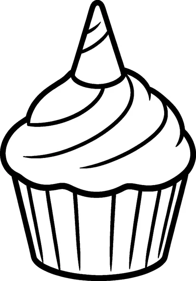 A cupcake with swirled frosting and a striped unicorn horn standing on top, in a ridged paper case.