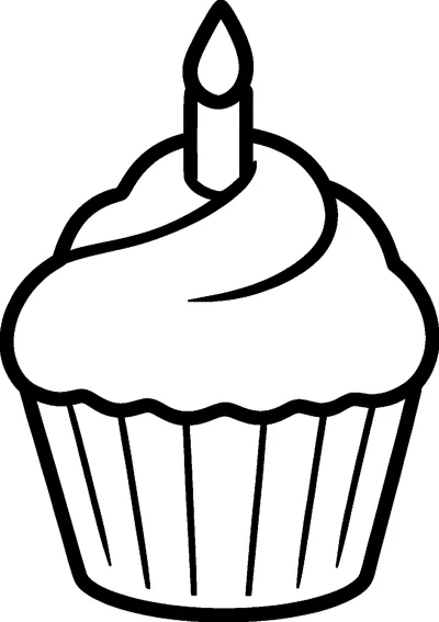 A simple cupcake with swirly frosting and a single candle with a flame standing on top.