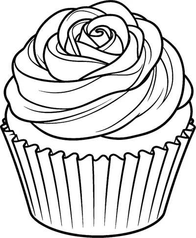 A detailed cupcake topped with layered frosting piped into the shape of an open rose, in a fluted paper case.