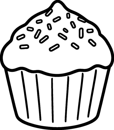 A simple cupcake in a ridged paper case with a domed frosting top covered in small sprinkles.