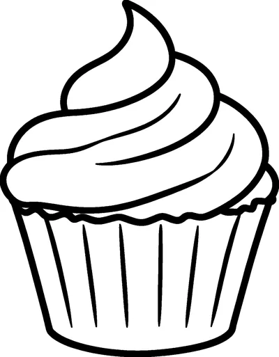A simple cupcake in a ridged paper case topped with a tall swirl of frosting that ends in a point.