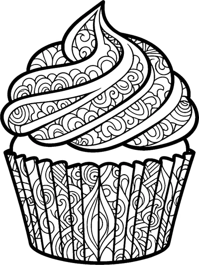 A large cupcake whose swirled frosting and fluted paper case are filled with detailed zentangle swirls and patterns.