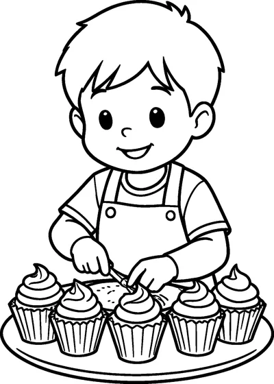 A smiling boy in an apron frosts a row of five swirled cupcakes lined up on a round tray.