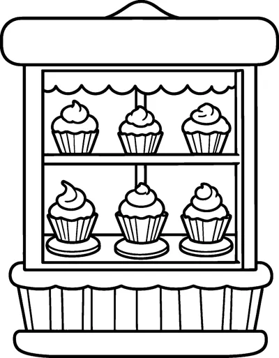 Six frosted cupcakes sit on two shelves inside a bakery shop window with a scalloped awning and a striped base.
