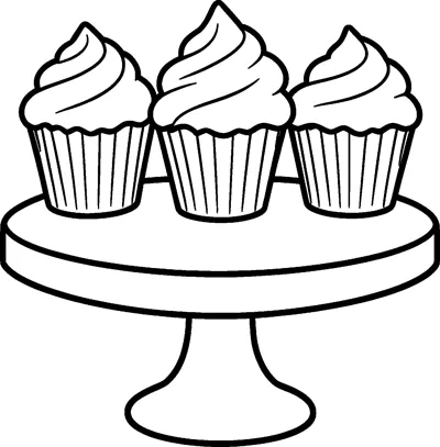 Three cupcakes with swirled frosting sit in a row on top of a round cake stand with a pedestal base.