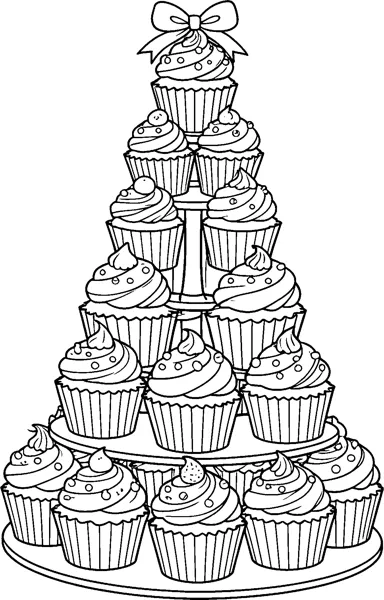 Many frosted cupcakes with sprinkles fill a tall tiered stand, topped by a single cupcake with a ribbon bow.