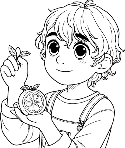 A boy with curly hair holds up a halved orange and smiles.